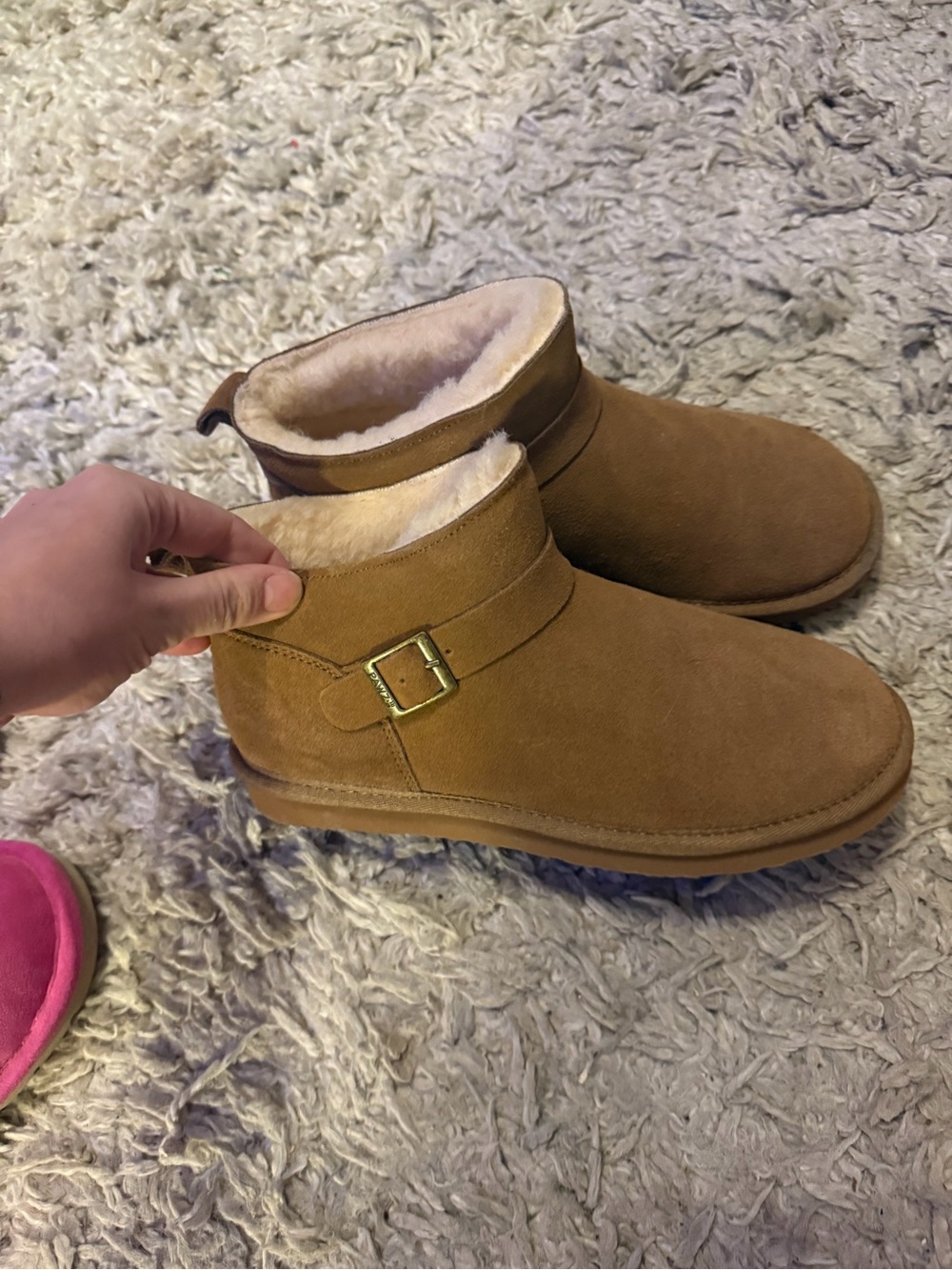 BearPaw Chestnut Brown Suede Ankle Boots with Shearling Lining